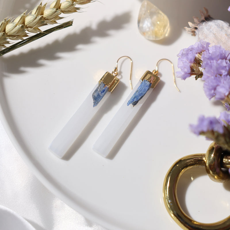 Warrior Woman Gold Selenite and Kyanite Earrings in 925 Sterling Silver