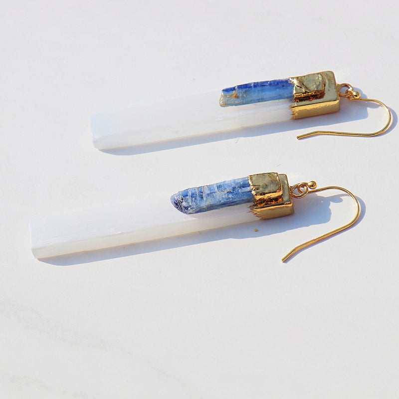 Warrior Woman Gold Selenite and Kyanite Earrings in 925 Sterling Silver.