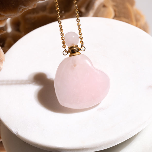 Rose Quartz Heart Necklace with Oil Chamber in Gold Plated 925 Sterling Silver.