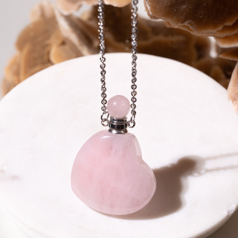 Rose Quartz Heart Necklace with Oil Chamber in 925 Sterling Silver