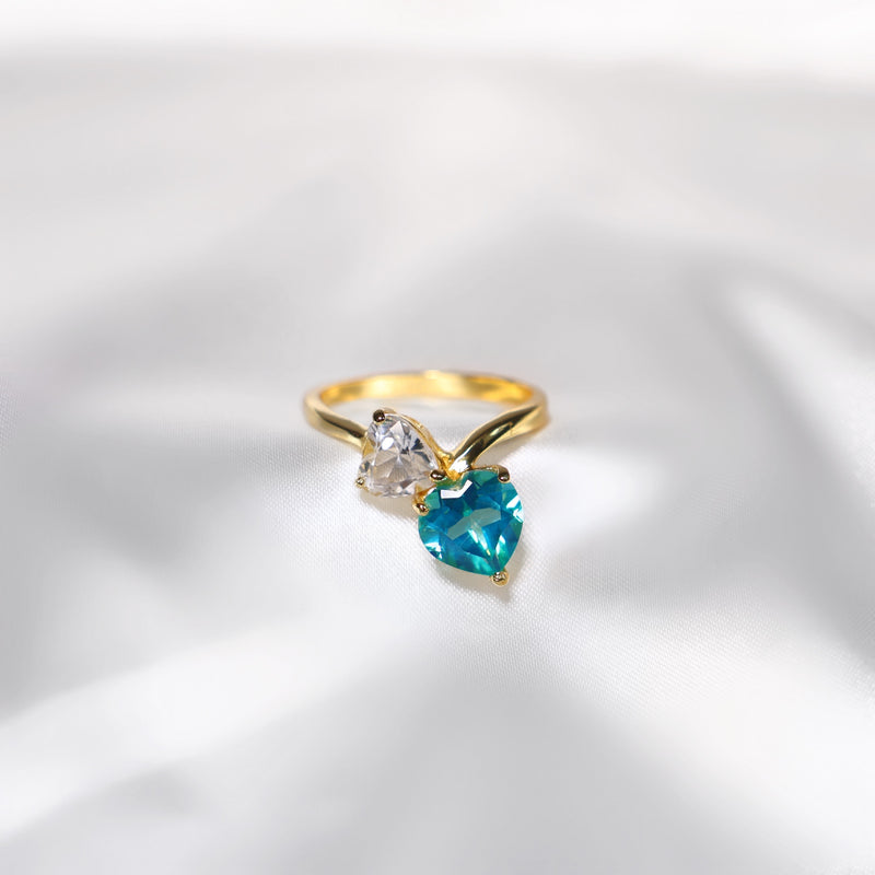 Double Heart Paraiba Topaz and White Topaz Crystal Ring
