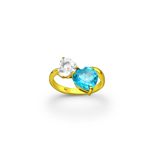 Double Heart Paraiba Topaz and White Topaz Crystal Ring
